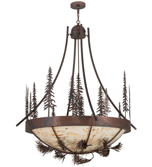 Meyda Lighting Tall Pines 50" 8-Light Wrought Iron Over Mahogany Bronze Inverted Pendant Light With Randsburg Rock Idalight Shade Glass
