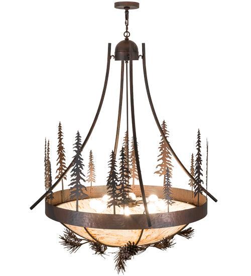 Meyda Lighting Tall Pines 50" 8-Light Wrought Iron Over Mahogany Bronze Inverted Pendant Light With Randsburg Rock Idalight Shade Glass