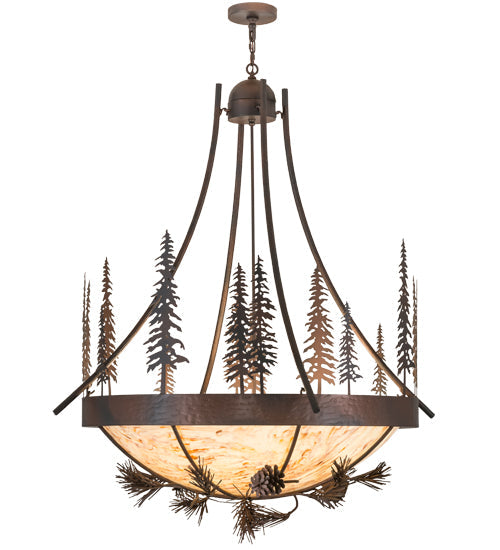Meyda Lighting Tall Pines 50" 8-Light Wrought Iron Over Mahogany Bronze Inverted Pendant Light With Randsburg Rock Idalight Shade Glass