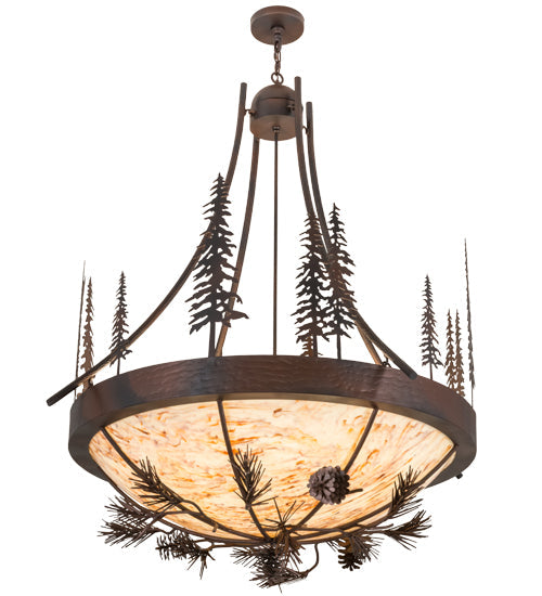 Meyda Lighting Tall Pines 50" 8-Light Wrought Iron Over Mahogany Bronze Inverted Pendant Light With Randsburg Rock Idalight Shade Glass