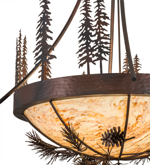 Meyda Lighting Tall Pines 50" 8-Light Wrought Iron Over Mahogany Bronze Inverted Pendant Light With Randsburg Rock Idalight Shade Glass
