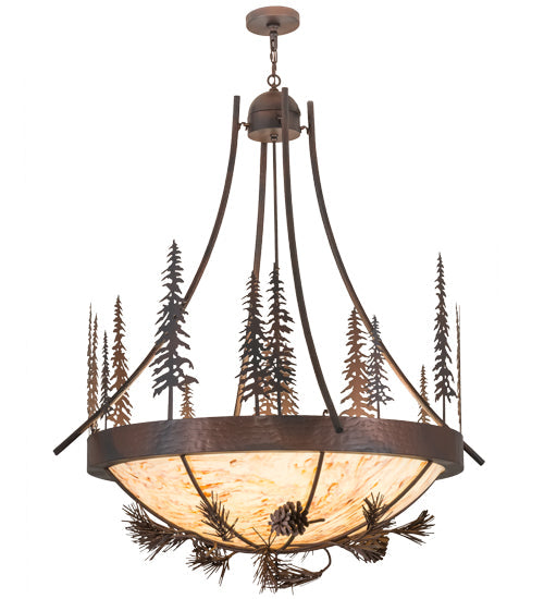 Meyda Lighting Tall Pines 50" 8-Light Wrought Iron Over Mahogany Bronze Inverted Pendant Light With Randsburg Rock Idalight Shade Glass