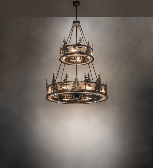 Meyda Lighting Tall Pines 55" 20-Light 2-Tier Antique Copper Chandelier With Silver Mica Shade Glass and Fan