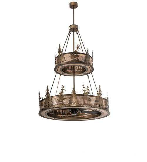 Meyda Lighting Tall Pines 55" 20-Light 2-Tier Antique Copper Chandelier With Silver Mica Shade Glass and Fan