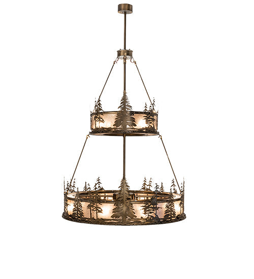 Meyda Lighting Tall Pines 55" 20-Light 2-Tier Antique Copper Chandelier With Silver Mica Shade Glass and Fan