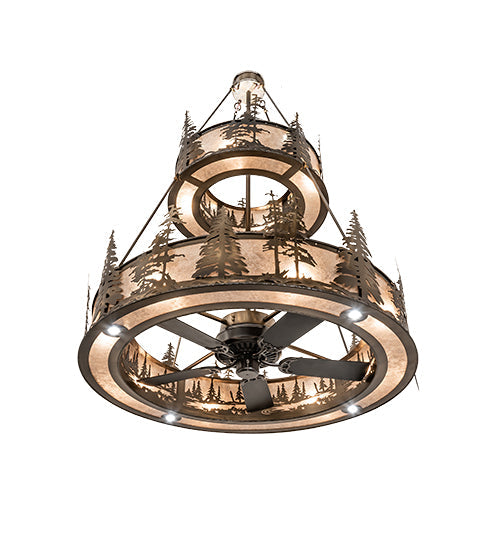 Meyda Lighting Tall Pines 55" 20-Light 2-Tier Antique Copper Chandelier With Silver Mica Shade Glass and Fan