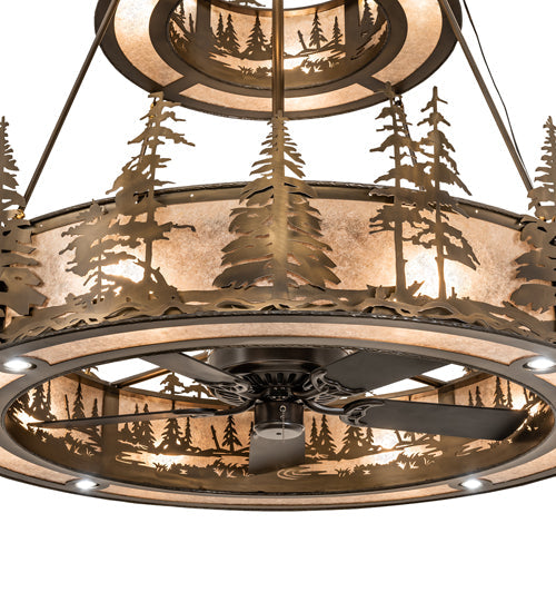 Meyda Lighting Tall Pines 55" 20-Light 2-Tier Antique Copper Chandelier With Silver Mica Shade Glass and Fan