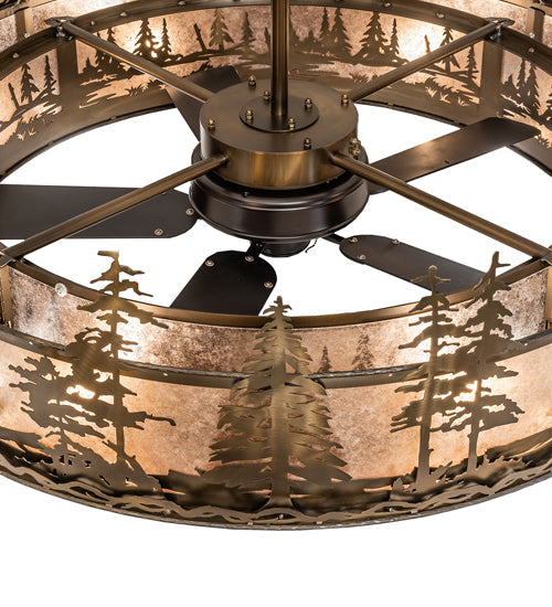 Meyda Lighting Tall Pines 55" 20-Light 2-Tier Antique Copper Chandelier With Silver Mica Shade Glass and Fan