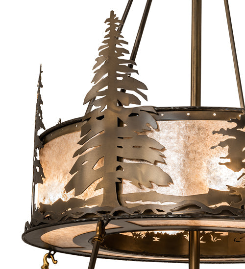 Meyda Lighting Tall Pines 55" 20-Light 2-Tier Antique Copper Chandelier With Silver Mica Shade Glass and Fan