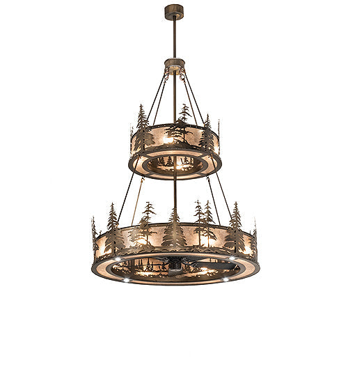 Meyda Lighting Tall Pines 55" 20-Light 2-Tier Antique Copper Chandelier With Silver Mica Shade Glass and Fan