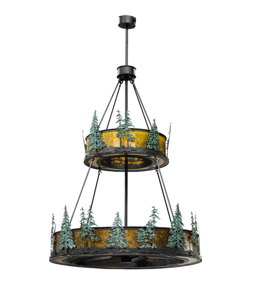 Meyda Lighting Tall Pines 55" 20-Light 2-Tier Wrought Iron and Green Trees Chandelier With Amber Mica Shade Glass and Fan