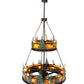 Meyda Lighting Tall Pines 55" 20-Light 2-Tier Wrought Iron and Green Trees Chandelier With Amber Mica Shade Glass and Fan
