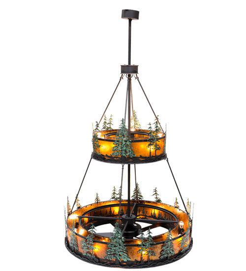 Meyda Lighting Tall Pines 55" 20-Light 2-Tier Wrought Iron and Green Trees Chandelier With Amber Mica Shade Glass and Fan