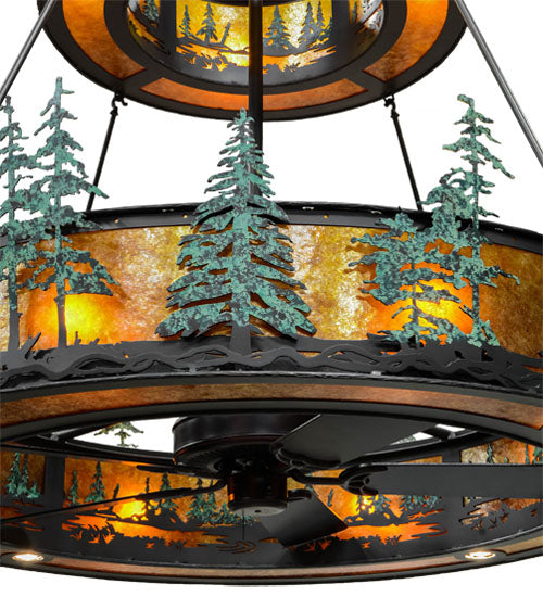 Meyda Lighting Tall Pines 55" 20-Light 2-Tier Wrought Iron and Green Trees Chandelier With Amber Mica Shade Glass and Fan