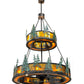 Meyda Lighting Tall Pines 55" 20-Light 2-Tier Wrought Iron and Green Trees Chandelier With Amber Mica Shade Glass and Fan
