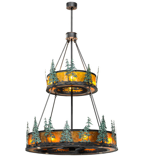 Meyda Lighting Tall Pines 55" 20-Light 2-Tier Wrought Iron and Green Trees Chandelier With Amber Mica Shade Glass and Fan