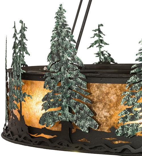 Meyda Lighting Tall Pines 55" 27-Light 2-Tier Textured Black & Green Trees Chandelier With Amber Mica Shade Glass