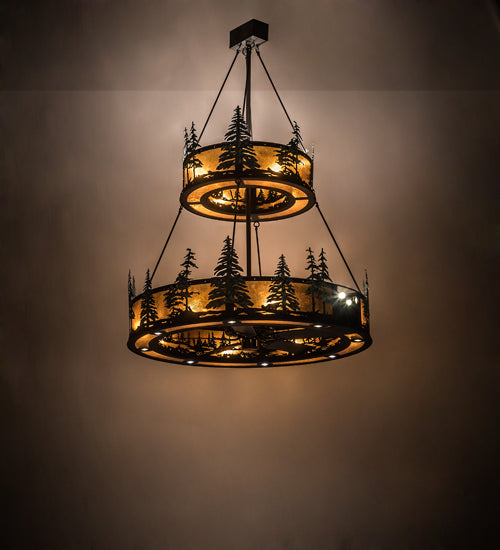 Meyda Lighting Tall Pines 55" 27-Light 2-Tier Textured Black & Green Trees Chandelier With Amber Mica Shade Glass