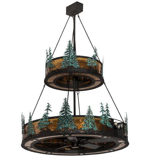 Meyda Lighting Tall Pines 55" 27-Light 2-Tier Textured Black & Green Trees Chandelier With Amber Mica Shade Glass