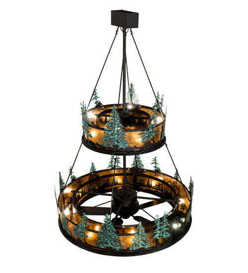 Meyda Lighting Tall Pines 55" 27-Light 2-Tier Textured Black & Green Trees Chandelier With Amber Mica Shade Glass