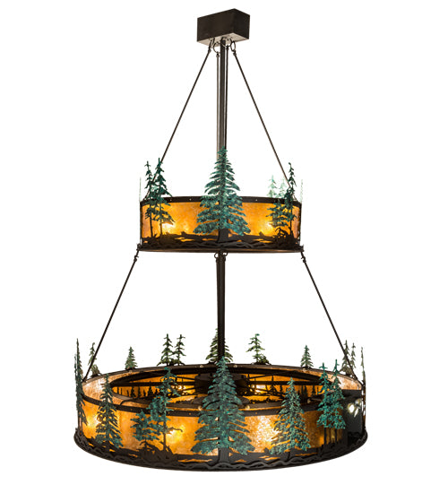 Meyda Lighting Tall Pines 55" 27-Light 2-Tier Textured Black & Green Trees Chandelier With Amber Mica Shade Glass