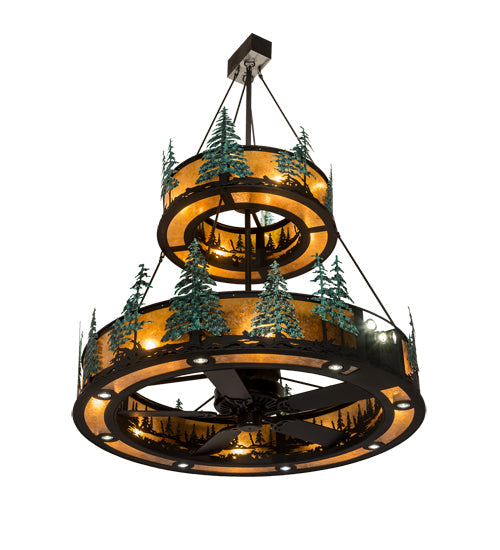 Meyda Lighting Tall Pines 55" 27-Light 2-Tier Textured Black & Green Trees Chandelier With Amber Mica Shade Glass