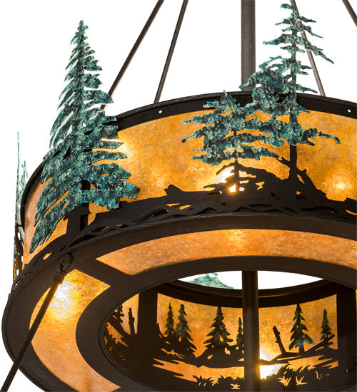 Meyda Lighting Tall Pines 55" 27-Light 2-Tier Textured Black & Green Trees Chandelier With Amber Mica Shade Glass