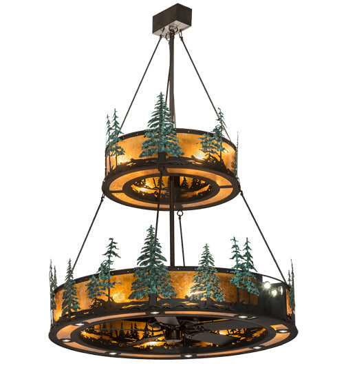Meyda Lighting Tall Pines 55" 27-Light 2-Tier Textured Black & Green Trees Chandelier With Amber Mica Shade Glass