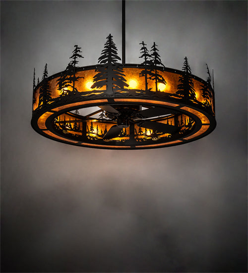 Meyda Lighting Tall Pines 56" 16-Light Oil Rubbed Bronze Chandelier With Amber Mica Shade Glass and Fan