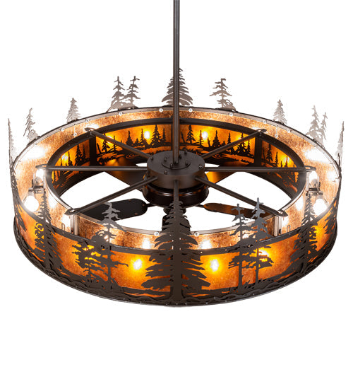 Meyda Lighting Tall Pines 56" 16-Light Oil Rubbed Bronze Chandelier With Amber Mica Shade Glass and Fan