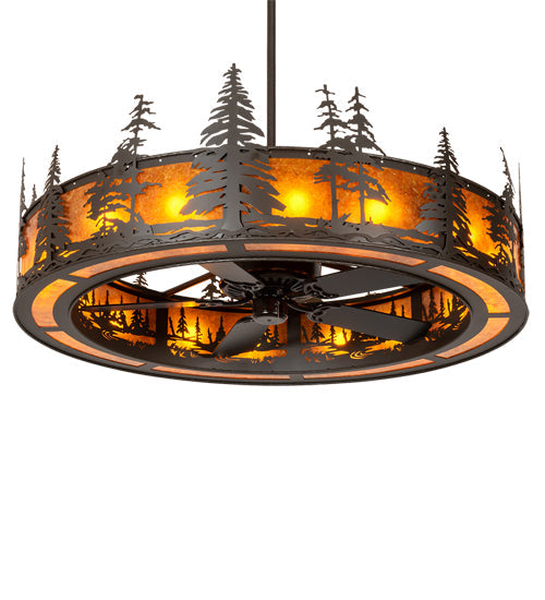 Meyda Lighting Tall Pines 56" 16-Light Oil Rubbed Bronze Chandelier With Amber Mica Shade Glass and Fan