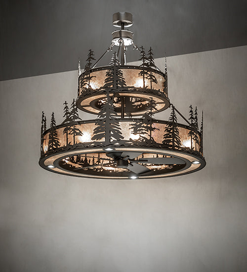 Meyda Lighting Tall Pines 56" 20-Light 2-Tier Oil Rubbed Bronze Chandelier With Silver Mica Shade Glass and Fan