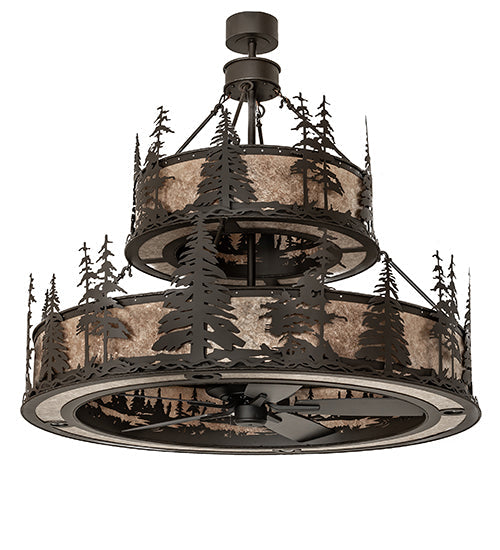 Meyda Lighting Tall Pines 56" 20-Light 2-Tier Oil Rubbed Bronze Chandelier With Silver Mica Shade Glass and Fan