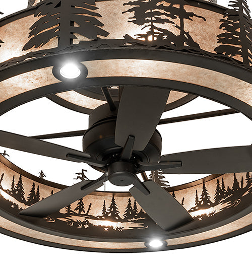 Meyda Lighting Tall Pines 56" 20-Light 2-Tier Oil Rubbed Bronze Chandelier With Silver Mica Shade Glass and Fan
