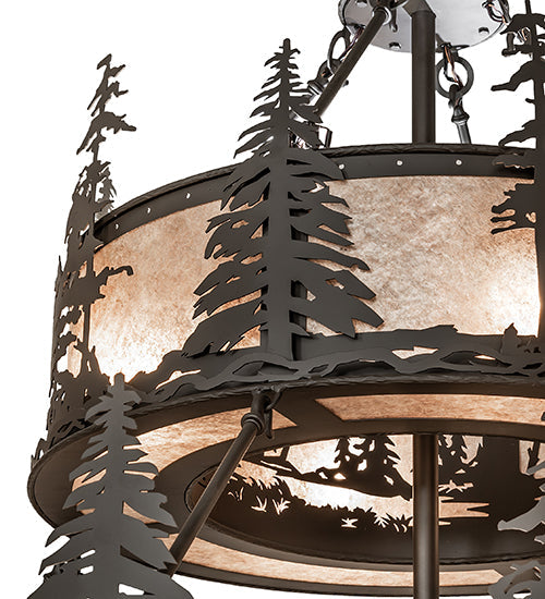 Meyda Lighting Tall Pines 56" 20-Light 2-Tier Oil Rubbed Bronze Chandelier With Silver Mica Shade Glass and Fan