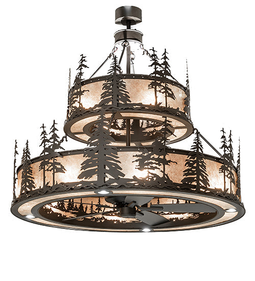 Meyda Lighting Tall Pines 56" 20-Light 2-Tier Oil Rubbed Bronze Chandelier With Silver Mica Shade Glass and Fan