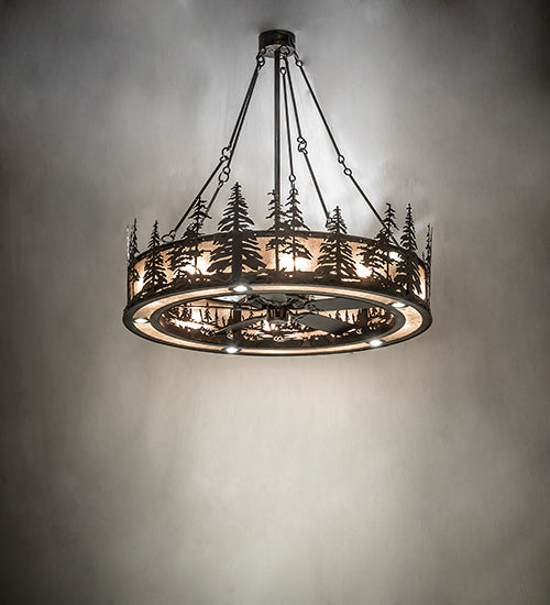 Meyda Lighting Tall Pines 56" 20-Light Dark Burnished Antique Copper Chandelier With Silver Mica Shade Glass and Fan