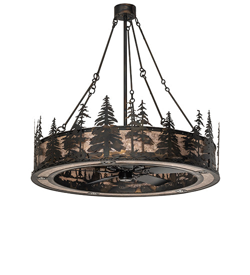 Meyda Lighting Tall Pines 56" 20-Light Dark Burnished Antique Copper Chandelier With Silver Mica Shade Glass and Fan