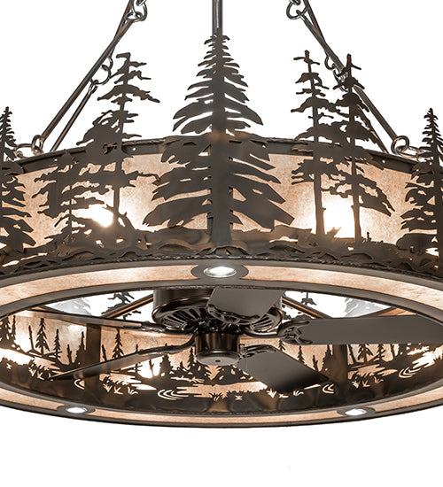 Meyda Lighting Tall Pines 56" 20-Light Dark Burnished Antique Copper Chandelier With Silver Mica Shade Glass and Fan