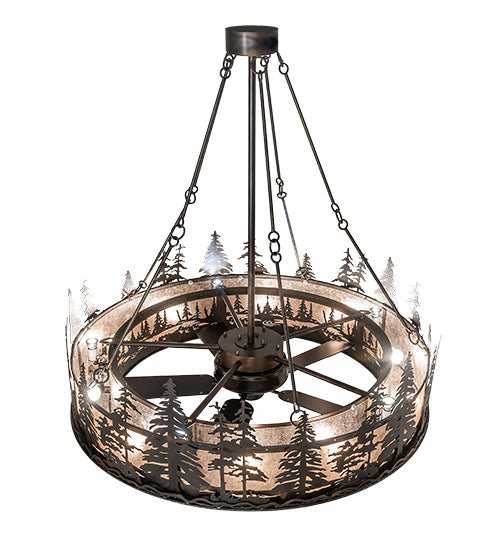 Meyda Lighting Tall Pines 56" 20-Light Dark Burnished Antique Copper Chandelier With Silver Mica Shade Glass and Fan