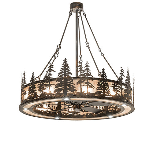 Meyda Lighting Tall Pines 56" 20-Light Dark Burnished Antique Copper Chandelier With Silver Mica Shade Glass and Fan