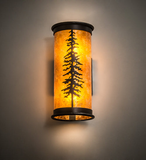 Meyda Lighting Tall Pines 6" 2-Light Black Satin Wrought Iron Wall Sconce With Amber Mica Shade Glass