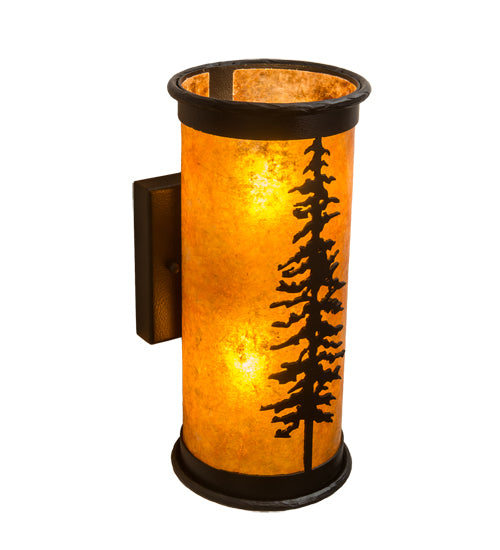 Meyda Lighting Tall Pines 6" 2-Light Black Satin Wrought Iron Wall Sconce With Amber Mica Shade Glass