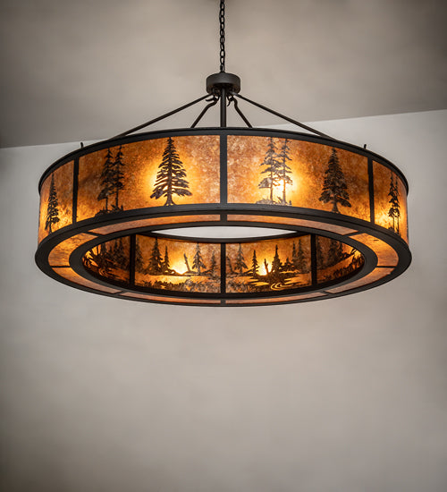 Meyda Lighting Tall Pines 62" 8-Light Wrought Iron Pendant Light With Amber Mica Shade Glass