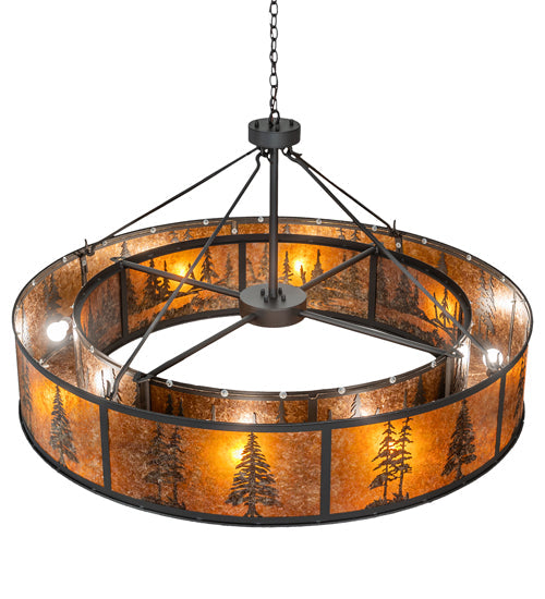 Meyda Lighting Tall Pines 62" 8-Light Wrought Iron Pendant Light With Amber Mica Shade Glass