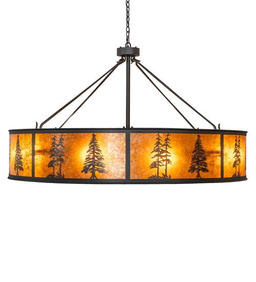 Meyda Lighting Tall Pines 62" 8-Light Wrought Iron Pendant Light With Amber Mica Shade Glass