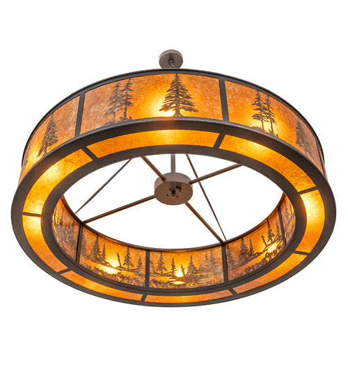 Meyda Lighting Tall Pines 62" 8-Light Wrought Iron Pendant Light With Amber Mica Shade Glass
