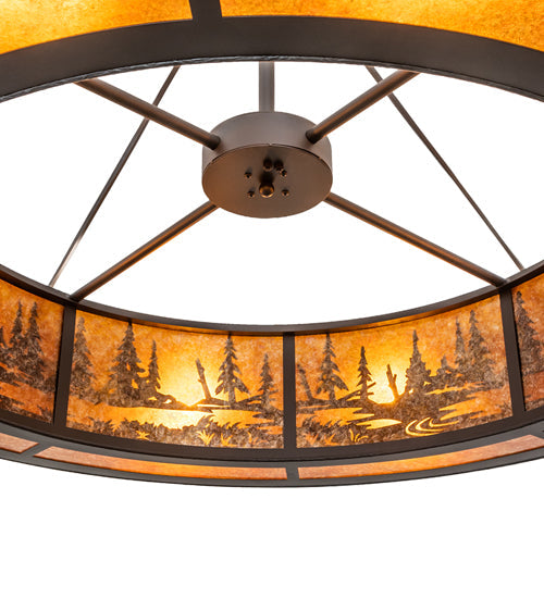 Meyda Lighting Tall Pines 62" 8-Light Wrought Iron Pendant Light With Amber Mica Shade Glass