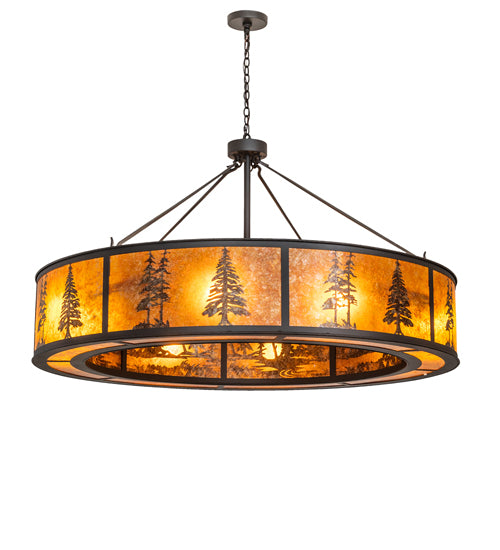 Meyda Lighting Tall Pines 62" 8-Light Wrought Iron Pendant Light With Amber Mica Shade Glass