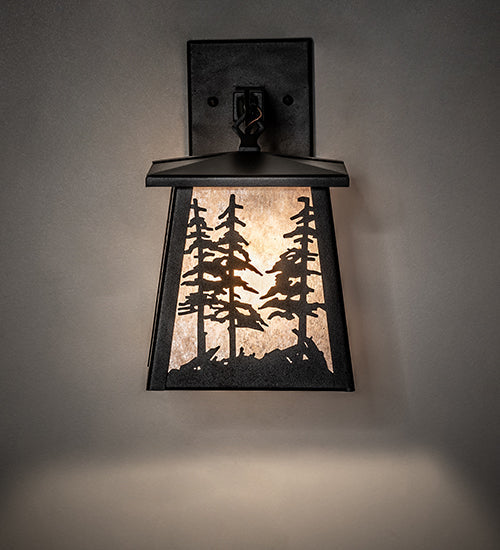 Meyda Lighting Tall Pines 7" Textured Black Lantern Wall Sconce With Silver Mica Shade Glass